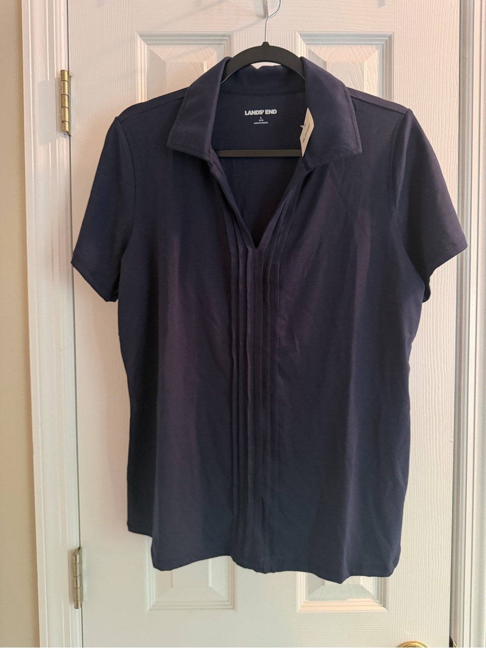 Lands' End Navy Short-Sleeve Pintuck Polo Shirt